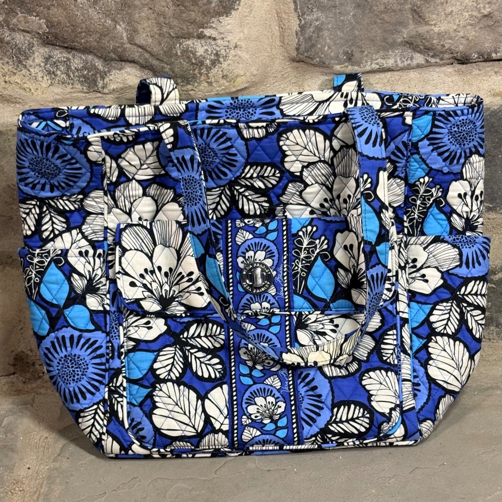 Vera Bradley Blue Bayou Quilted Cotton Tote Bag Floral Shoulder Bag Large Granny